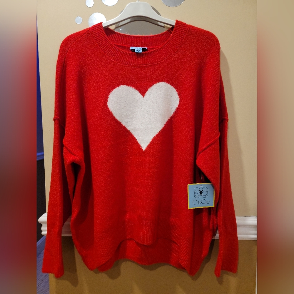 CeCe women's sweater, bright read with white heart, XL, new.